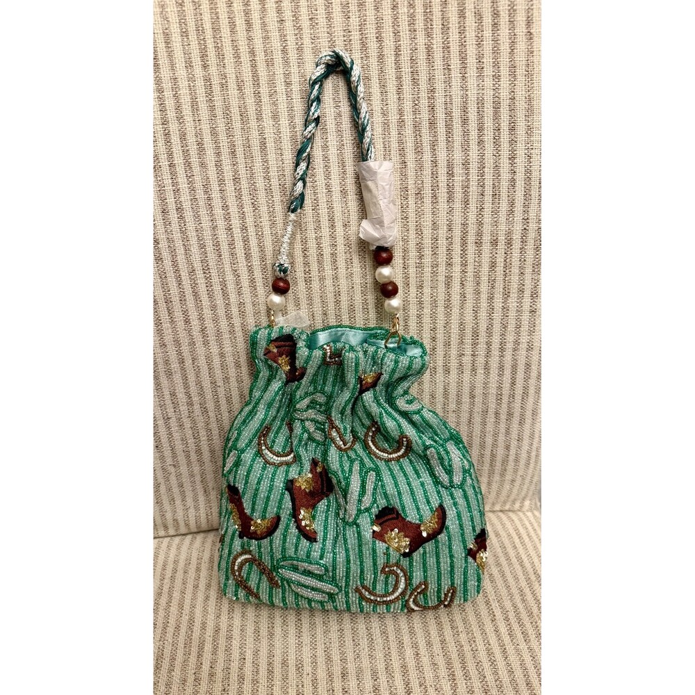 Handcrafted Beaded Western Drawstring Pouch Bag Cactus Cowboy Boots Green White